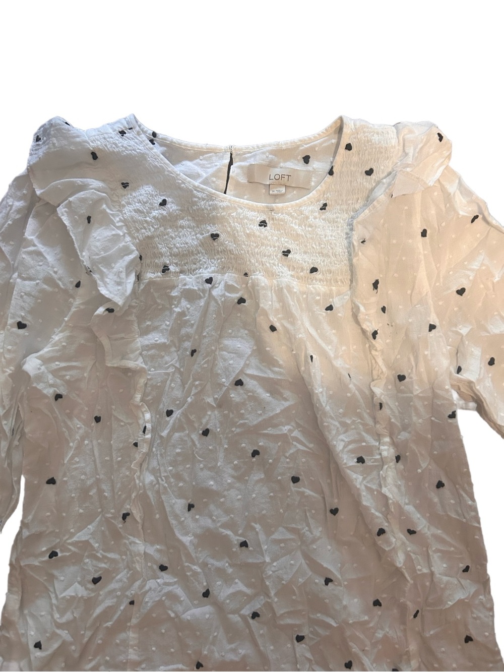 LOFT White Blouse with Black Heart Dots and Ruffle Yoke